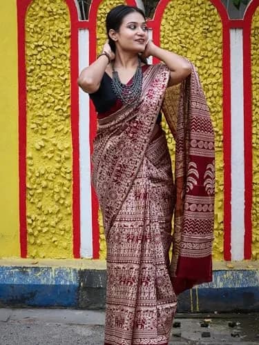 EthnicJunction Silk Cotton Kalamkari Print Saree With Blouse Piece, Maroon, 5.5 m (18 ft) | Authentic Indian Weave thumbnail 3