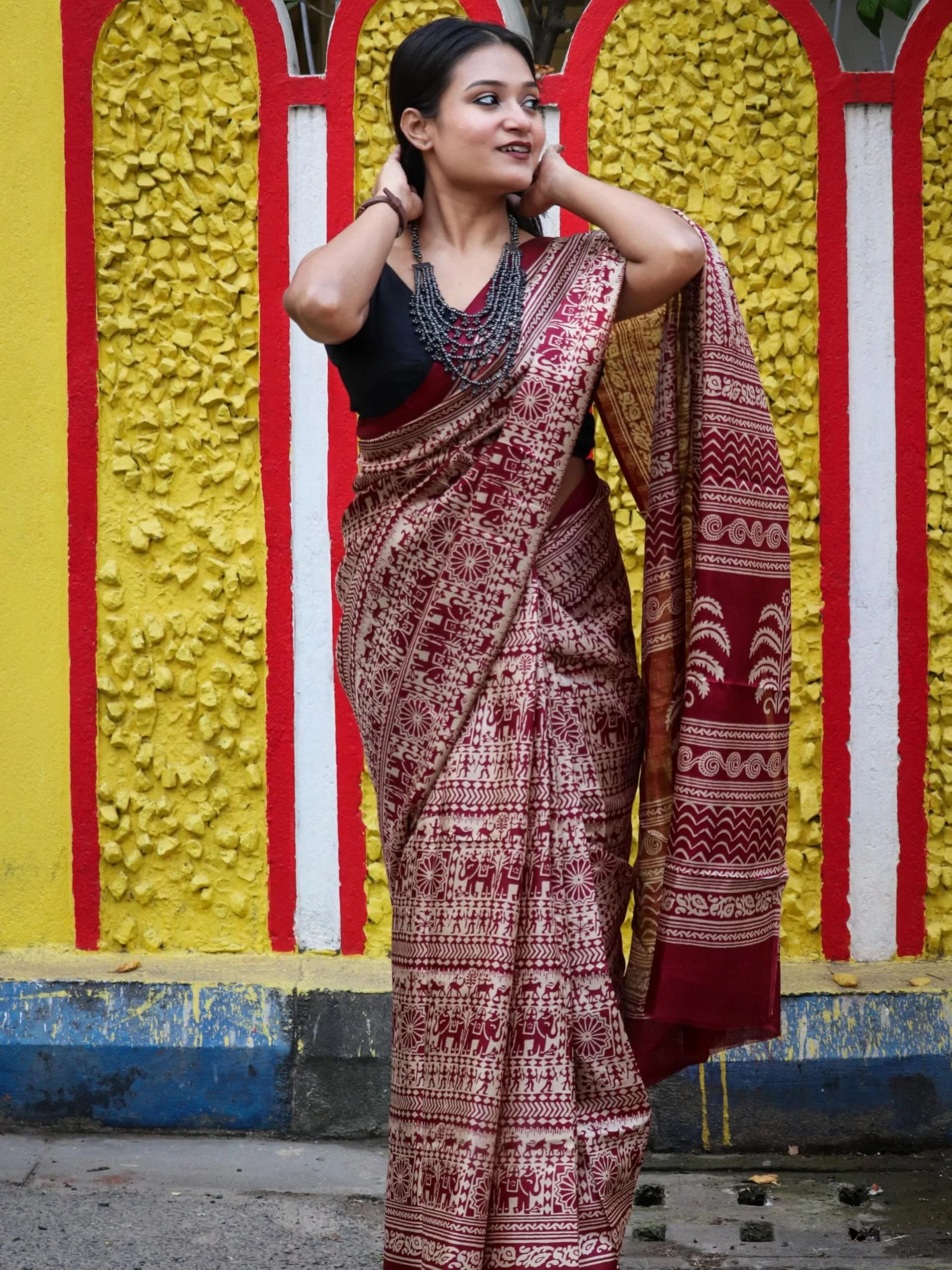 EthnicJunction Silk Cotton Kalamkari Print Saree With Blouse Piece, Maroon, 5.5 m (18 ft) | Authentic Indian Weave - view 3