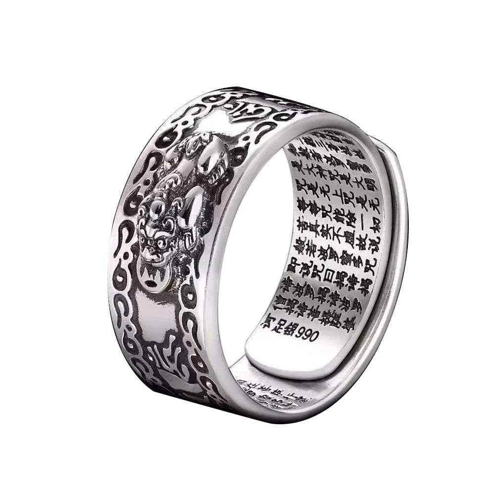 Pingyongchang Golden Pi Xiu Mantra Protection Wealth Ring Adjustable (9mm Width) — Silver