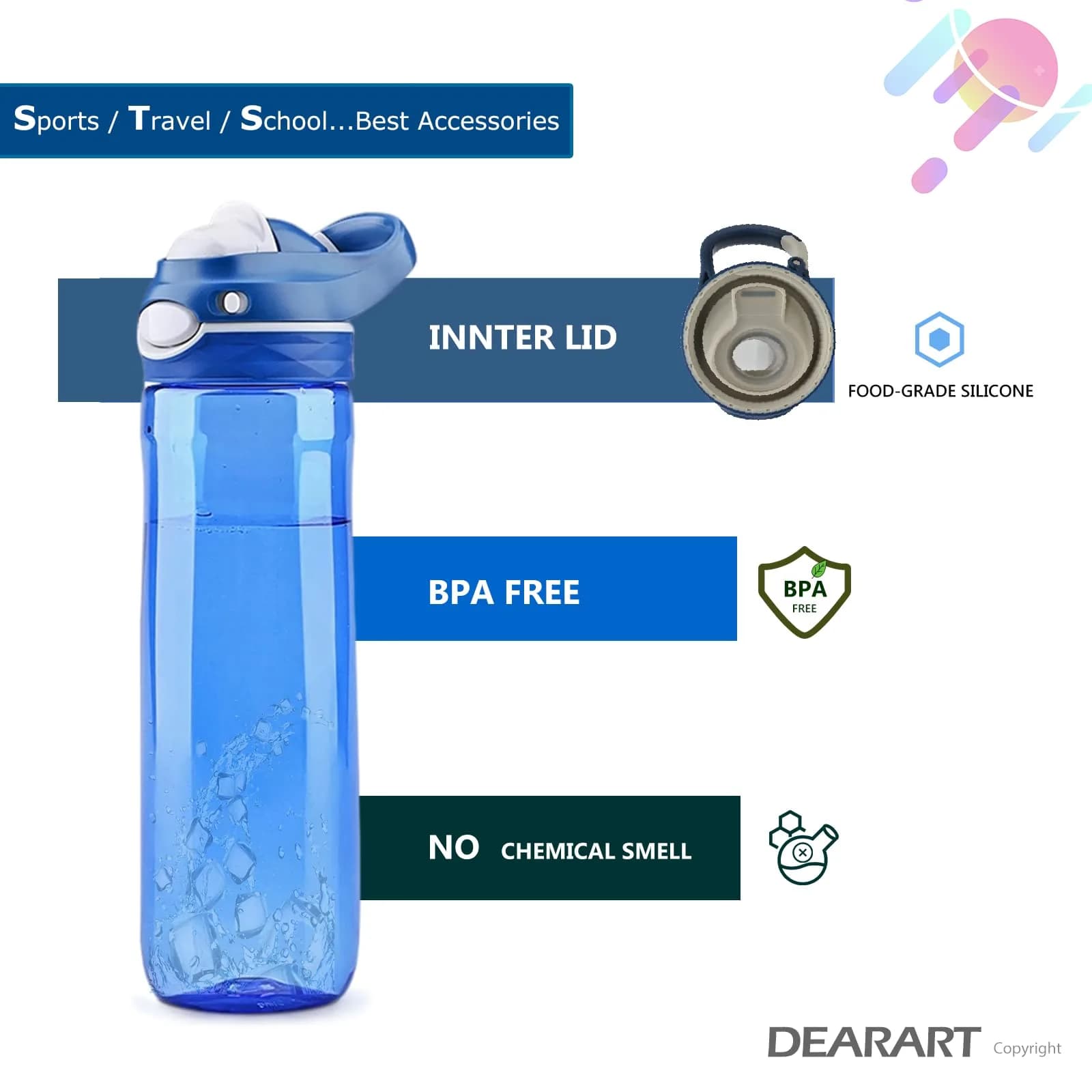 DEARART Blue 750ml (25.4oz) Water Bottle | Leakproof, Wide Mouth, One-Handed Flip-Top Lid - view 3