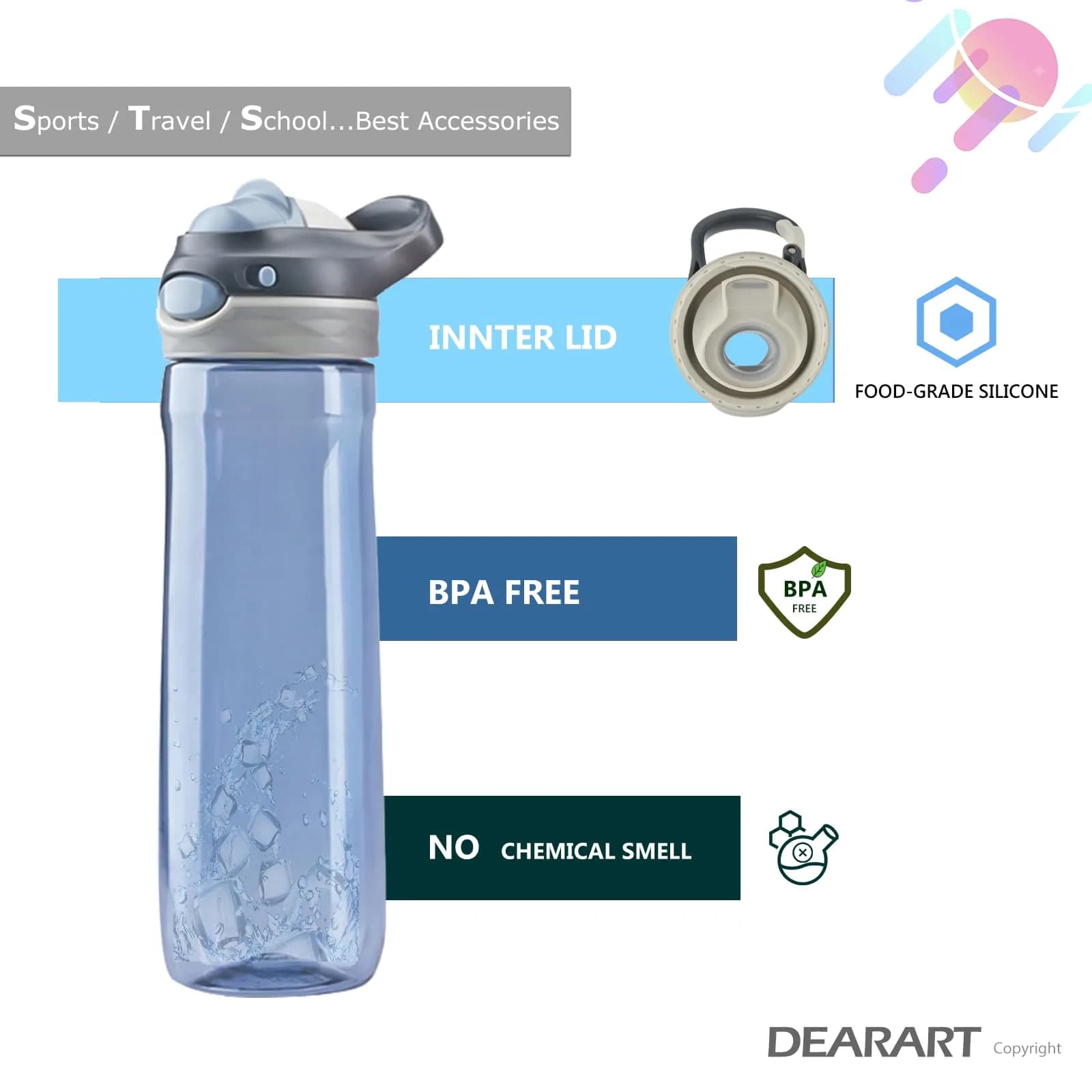 DEARART 750ml (25.4oz) Grey Water Bottle with Hidden No Straw Flip Top | Leakproof Lock Button Handle - view 2