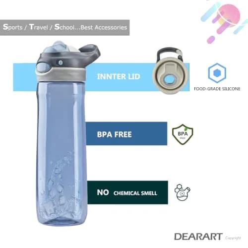 DEARART 750ml (25.4oz) Grey Water Bottle with Hidden No Straw Flip Top | Leakproof Lock Button Handle thumbnail 2