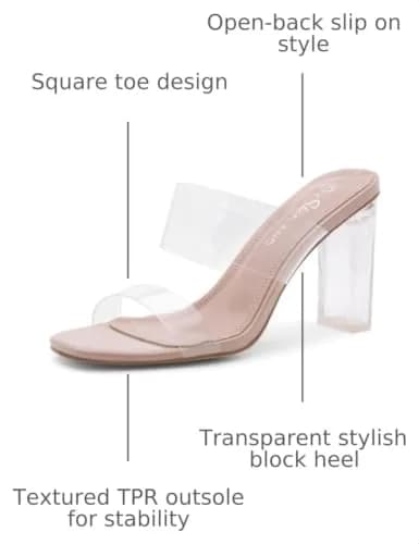 Shoe Land Clear Heels for Women, Transparent Two Strap Chunky Block High Heel Mules, Size 8.5 | Slip-On Square Toe Dressy Sandals thumbnail 3