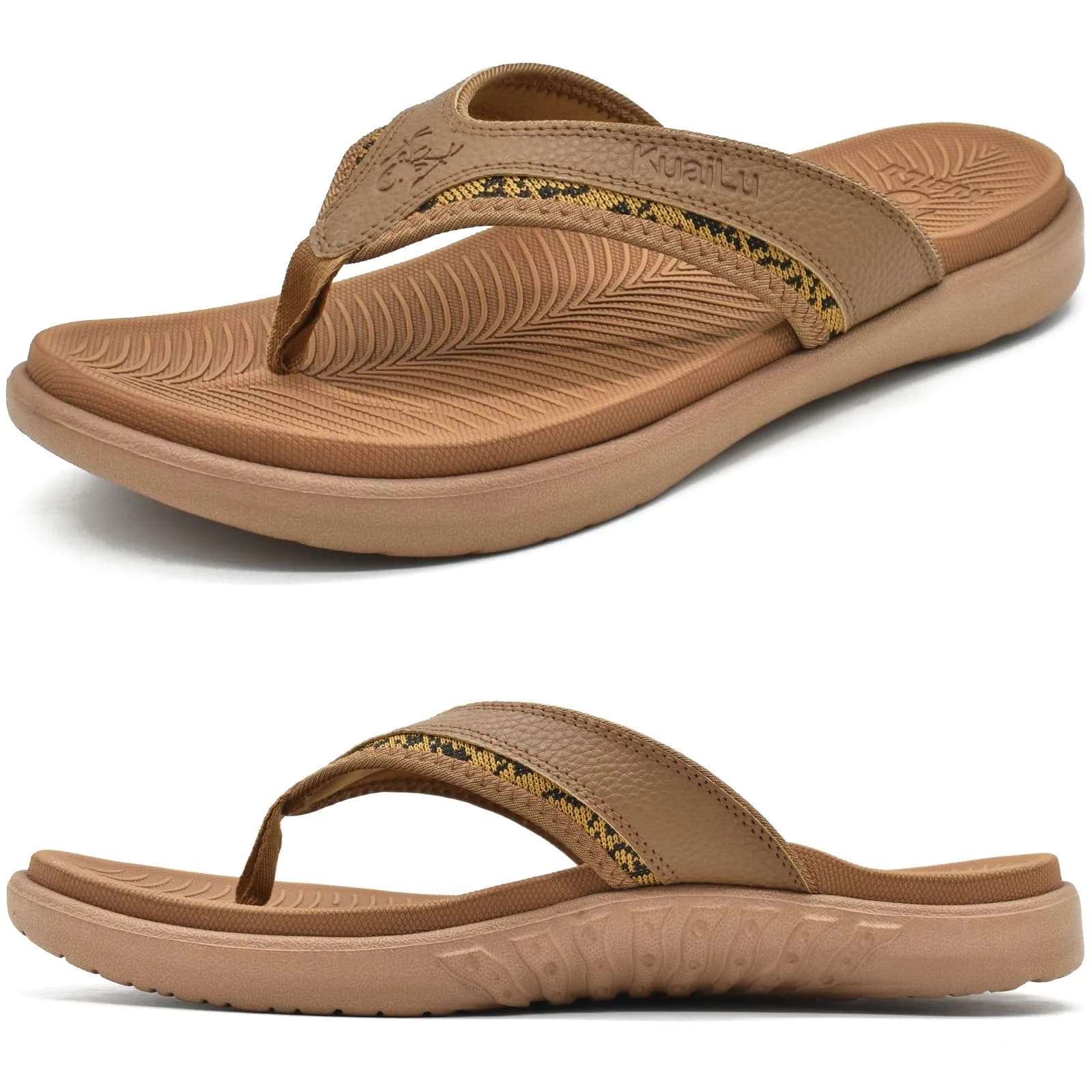 KuaiLu Mens Leather Sport Flip Flops Comfort Orthotic Thong Sandals with Plantar Fasciitis Arch Support for Outdoor Summer | Orthotic Arch Support