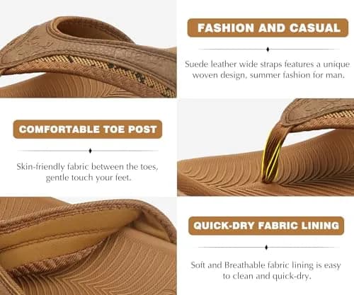 KuaiLu Mens Leather Sport Flip Flops Comfort Orthotic Thong Sandals with Plantar Fasciitis Arch Support for Outdoor Summer | Orthotic Arch Support thumbnail 6