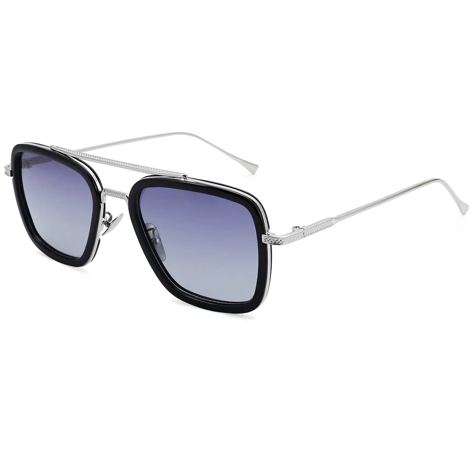 NULOOQ Tony Stark Polarized Sunglasses for Men & Women | Vintage Aviator Square Metal Frame (Silver/Gradient Gray) - main product image