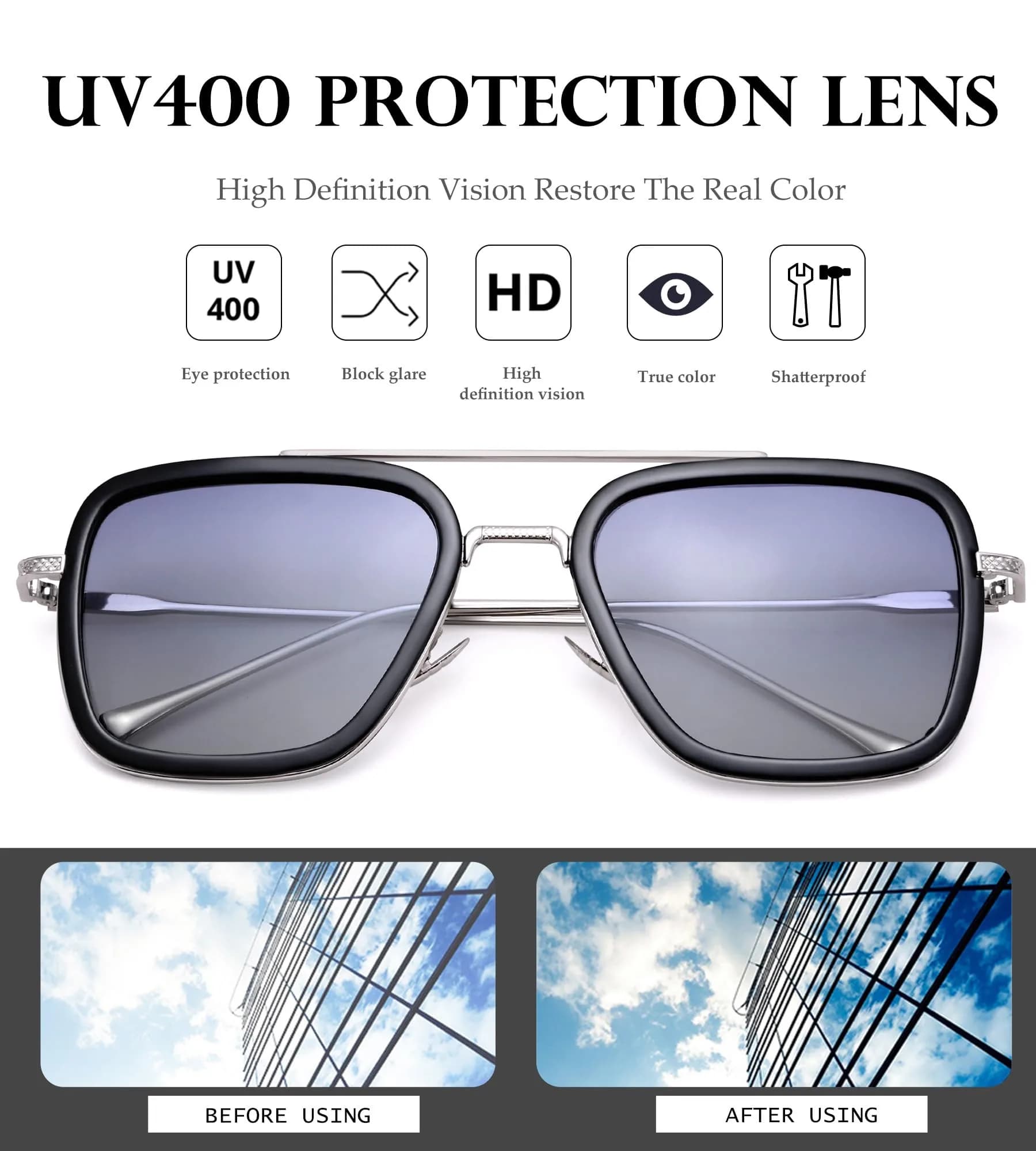 NULOOQ Tony Stark Polarized Sunglasses for Men & Women | Vintage Aviator Square Metal Frame (Silver/Gradient Gray) - view 5