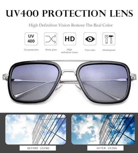 NULOOQ Tony Stark Polarized Sunglasses for Men & Women | Vintage Aviator Square Metal Frame (Silver/Gradient Gray) thumbnail 5