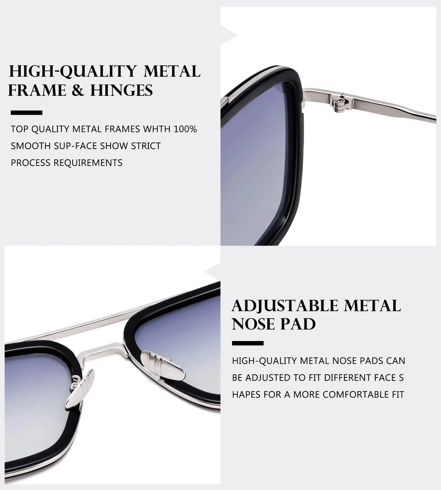 NULOOQ Tony Stark Polarized Sunglasses for Men & Women | Vintage Aviator Square Metal Frame (Silver/Gradient Gray) - view 6