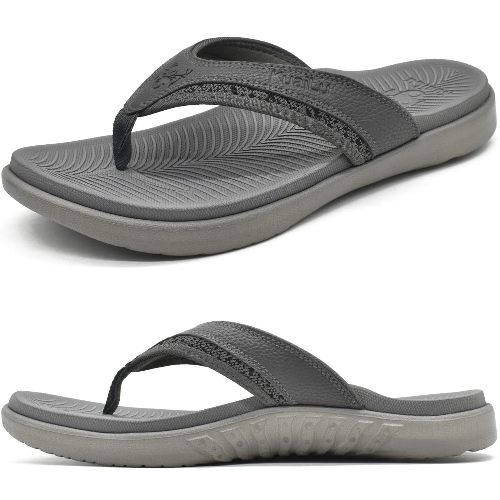 KuaiLu Men's Leather Flip Flops Orthotic Thong Sandals With Arch Support - Grey US 12 (27.5 cm)