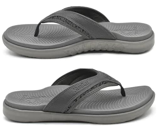 KuaiLu Men's Leather Flip Flops Orthotic Thong Sandals With Arch Support - Grey US 12 (27.5 cm) thumbnail 9