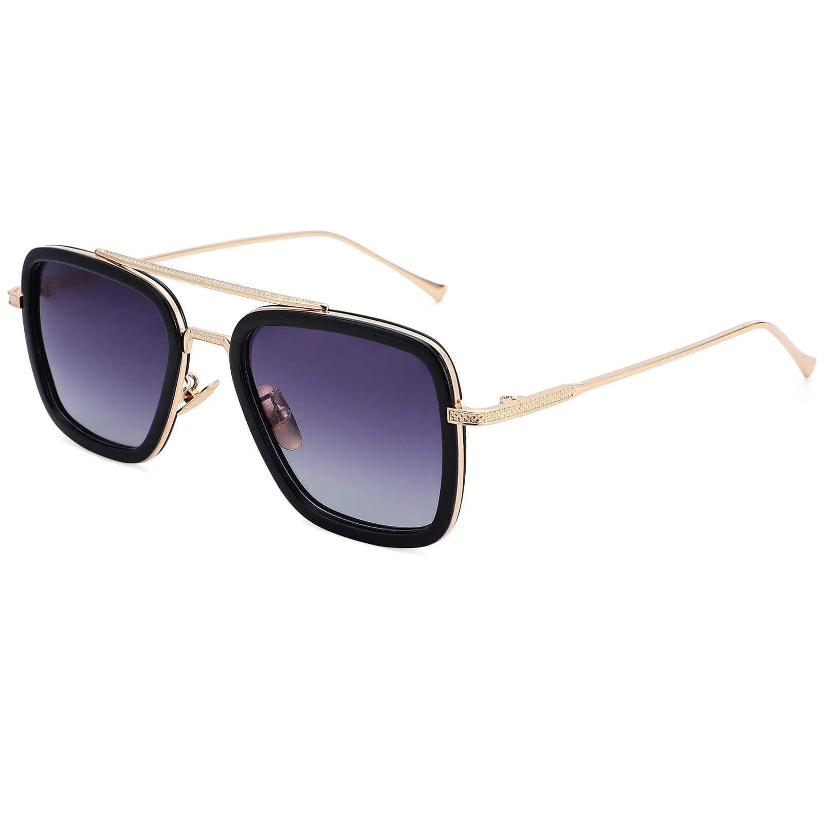 NULOOQ Tony Stark Polarized Sunglasses for Men & Women | Vintage Aviator Square Metal Frame (Silver/Gradient Gray) — B3* Gold/Gradient Gray