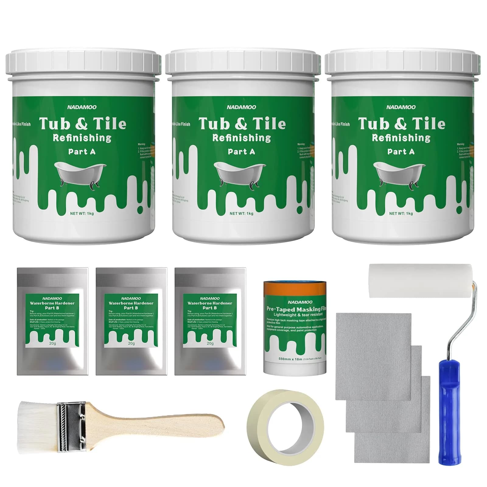 NADAMOO Tub and Tile Refinishing Kit White 3kg (105 Fl Oz) | DIY Bathroom Kitchen Porcelain Fiberglass Resurface Paint