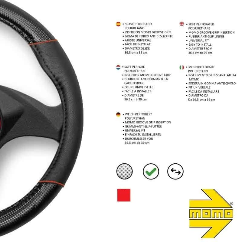 MOMO Carbon Universal Steering Wheel Cover Black and RED | Sun, Water & Sweat Resistant, 37.5cm thumbnail 4