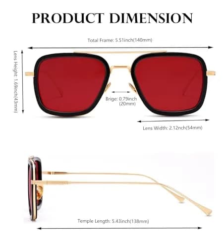 NULOOQ Tony Stark Aviator Sunglasses - Gold Frame with Ocean Red Polarized Lenses for Men & Women thumbnail 4