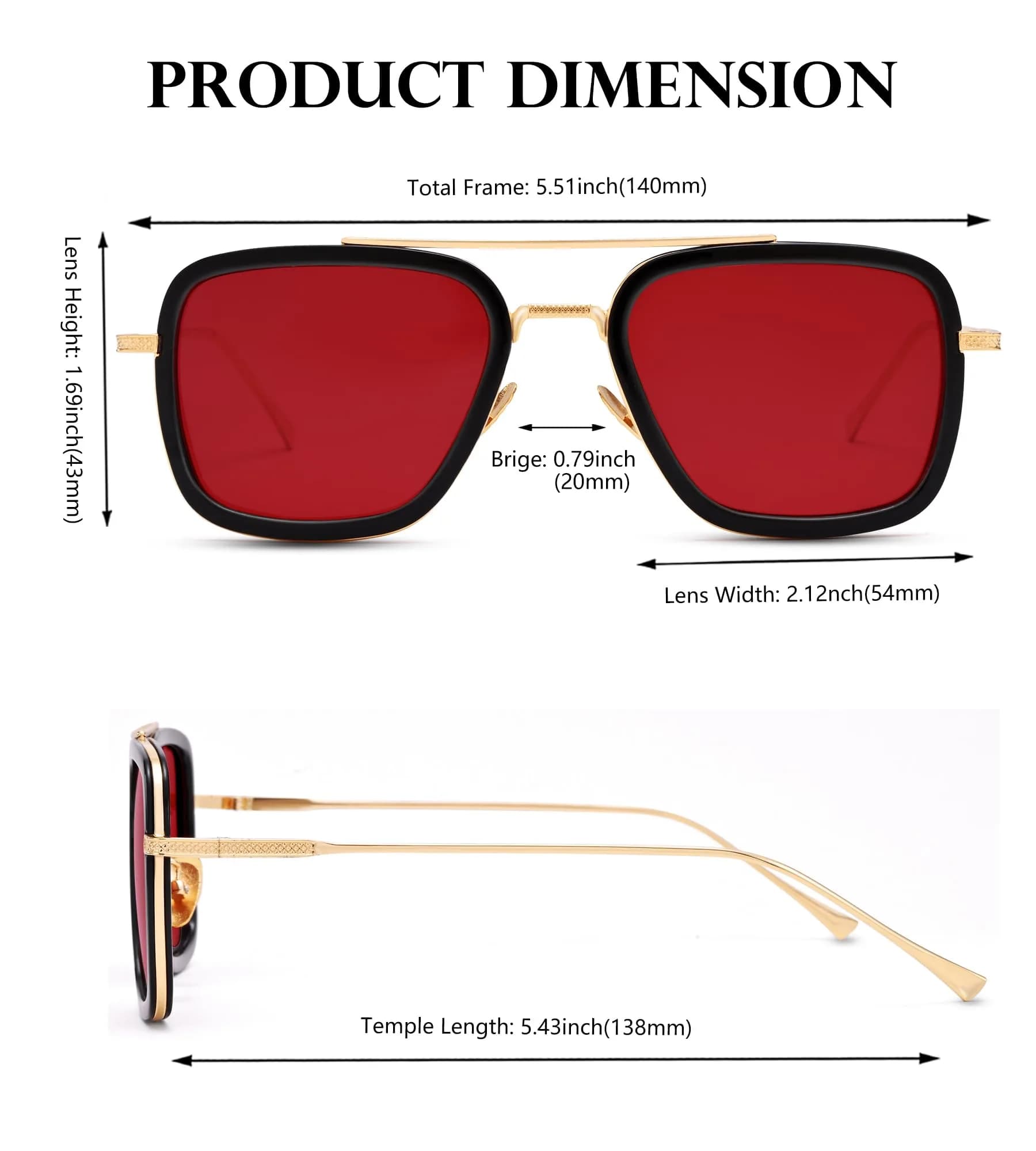 NULOOQ Tony Stark Aviator Sunglasses - Gold Frame with Ocean Red Polarized Lenses for Men & Women - view 4