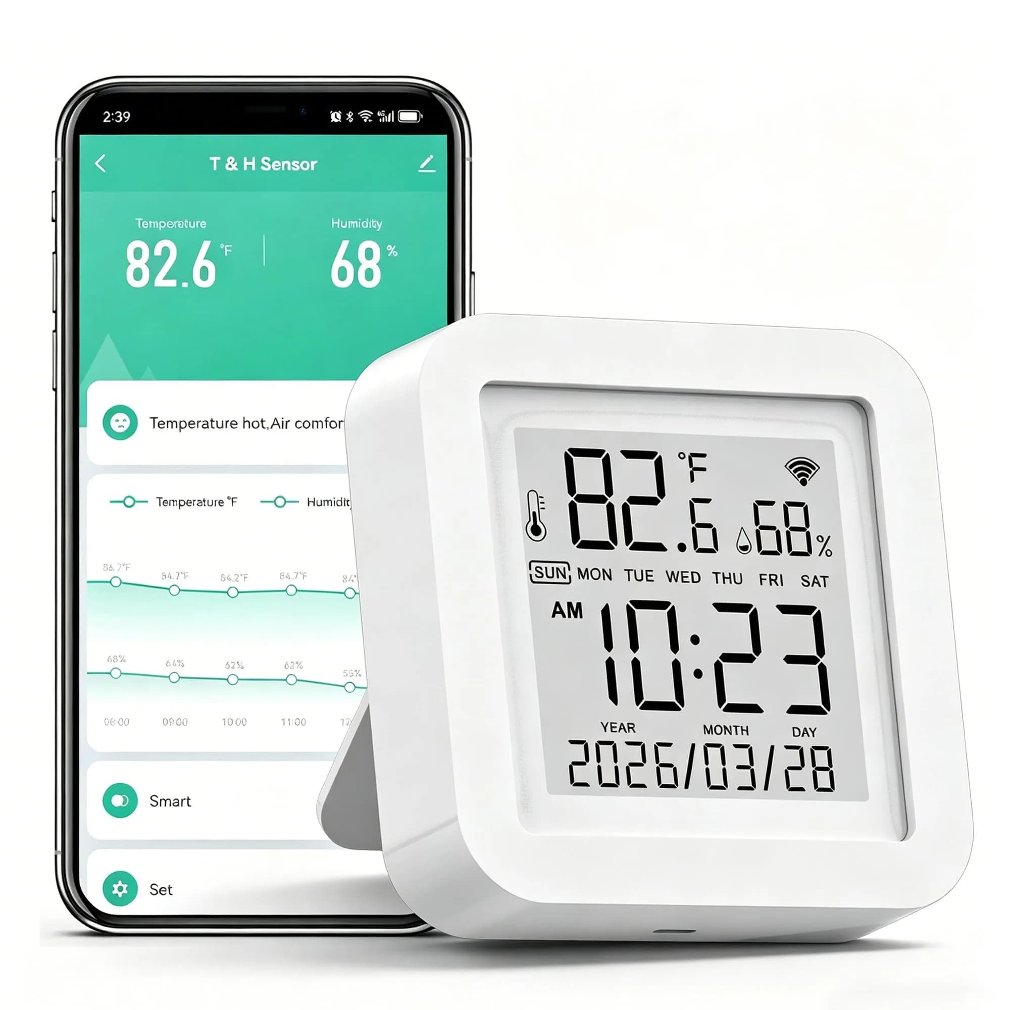 Gaoducash Smart WiFi Temperature Humidity Monitor with App Alerts & Alexa Voice Control, 6.5cm (2.6in) White | Real-Time Indoor Climate Tracking — White