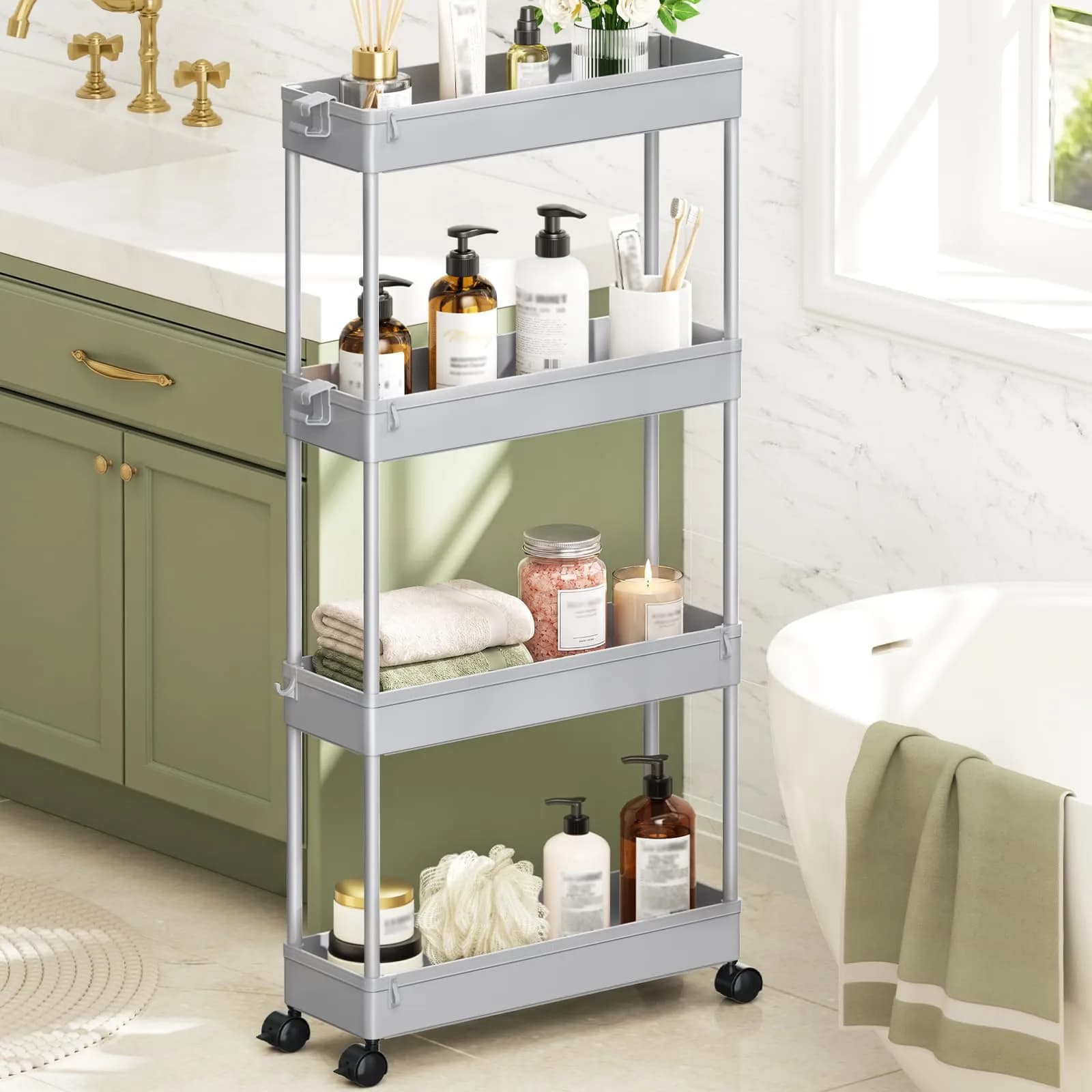SPACEKEEPER Slim Rolling Storage Cart, 4 Tier Bathroom Organizer, Gray | Narrow Space Solution