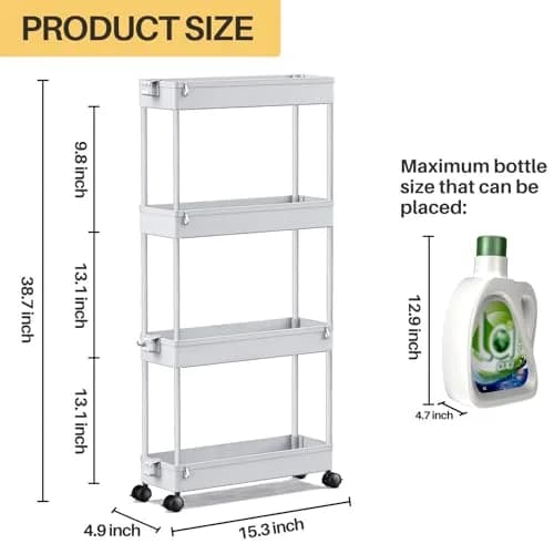 SPACEKEEPER Slim Rolling Storage Cart, 4 Tier Bathroom Organizer, Gray | Narrow Space Solution thumbnail 4
