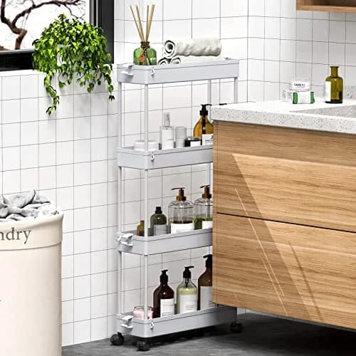 SPACEKEEPER Slim Rolling Storage Cart, 4 Tier Bathroom Organizer, Gray | Narrow Space Solution thumbnail 5