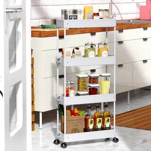 SPACEKEEPER Slim Rolling Storage Cart, 4 Tier Bathroom Organizer, Gray | Narrow Space Solution thumbnail 7