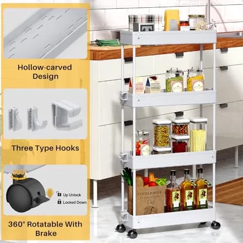 SPACEKEEPER Slim Rolling Storage Cart, 4 Tier Bathroom Organizer, Gray | Narrow Space Solution thumbnail 2
