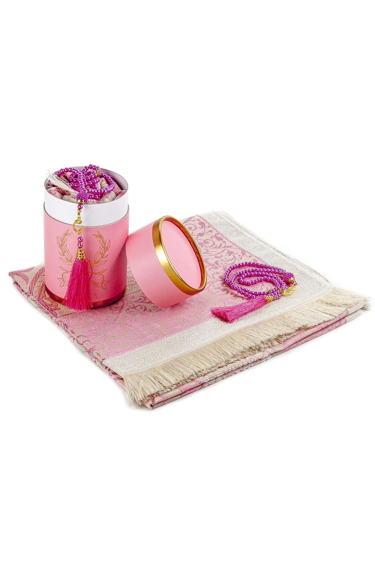 ihvan online Muslim Prayer Rug and Prayer Beads Set, Pink Taffeta Fabric, 117cm x 71cm | Portable Islamic Prayer Mat with Gift Box - main product image