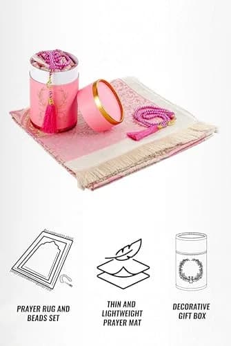 ihvan online Muslim Prayer Rug and Prayer Beads Set, Pink Taffeta Fabric, 117cm x 71cm | Portable Islamic Prayer Mat with Gift Box thumbnail 4