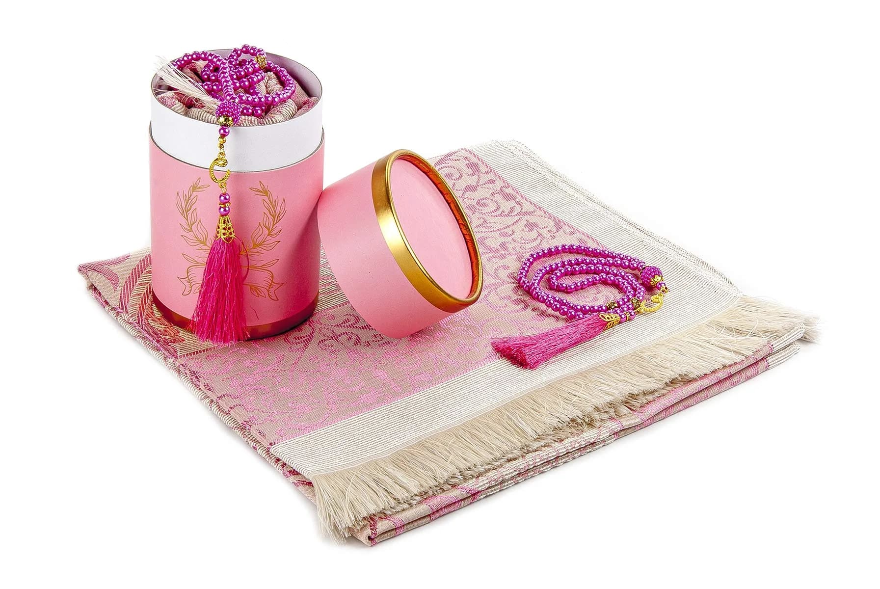 ihvan online Muslim Prayer Rug and Prayer Beads Set, Pink Taffeta Fabric, 117cm x 71cm | Portable Islamic Prayer Mat with Gift Box - view 2