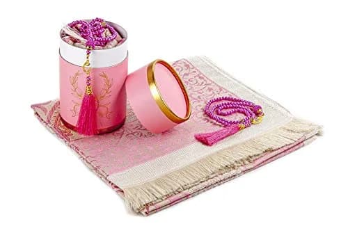 ihvan online Muslim Prayer Rug and Prayer Beads Set, Pink Taffeta Fabric, 117cm x 71cm | Portable Islamic Prayer Mat with Gift Box thumbnail 2