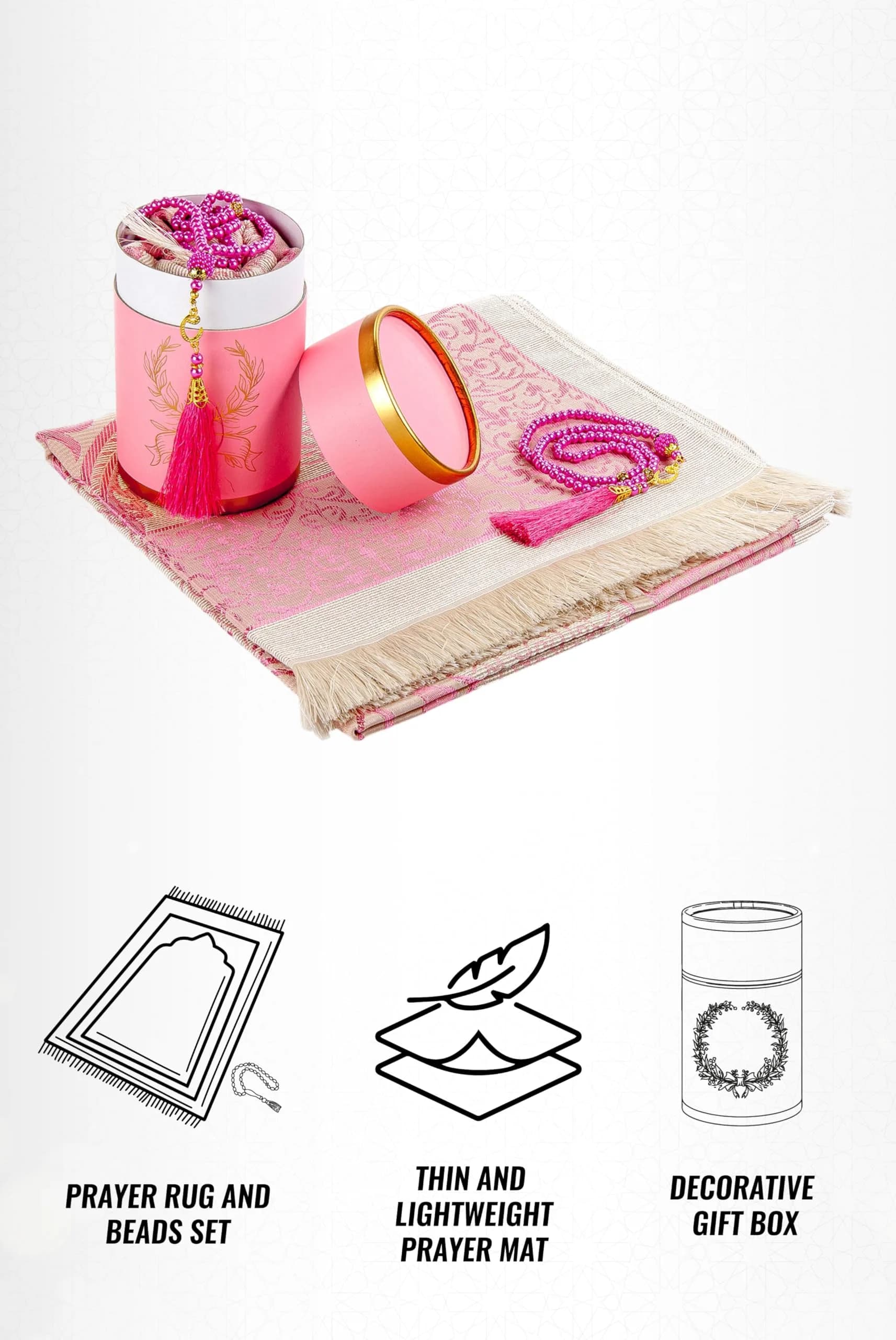 ihvan online Muslim Prayer Rug and Prayer Beads Set, Pink Taffeta Fabric, 117cm x 71cm | Portable Islamic Prayer Mat with Gift Box - view 4