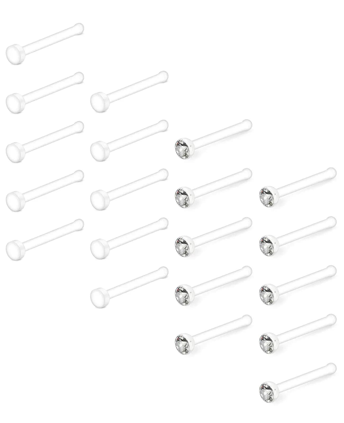 D.Bella Clear Nose Rings Retainer Acrylic Nose Stud Bioflex Bone Pin Straight Nose Studs Flexible Piercing for Men Women (20 Pcs, 20G) — 20 Pcs Nose stud-Flat End and CZ