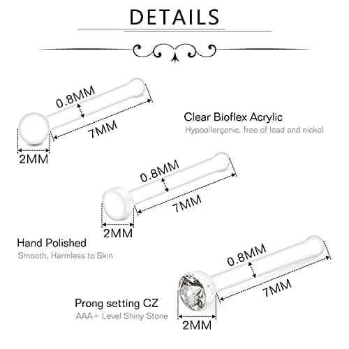 D.Bella Clear Nose Rings Retainer Acrylic Nose Stud Bioflex Bone Pin Straight Nose Studs Flexible Piercing for Men Women (20 Pcs, 20G) thumbnail 3