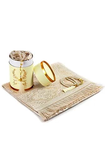 ihvan online Muslim Prayer Rug and Prayer Beads Set, Taffeta Fabric, Cream, 117cm x 71cm (46" x 28") thumbnail 1