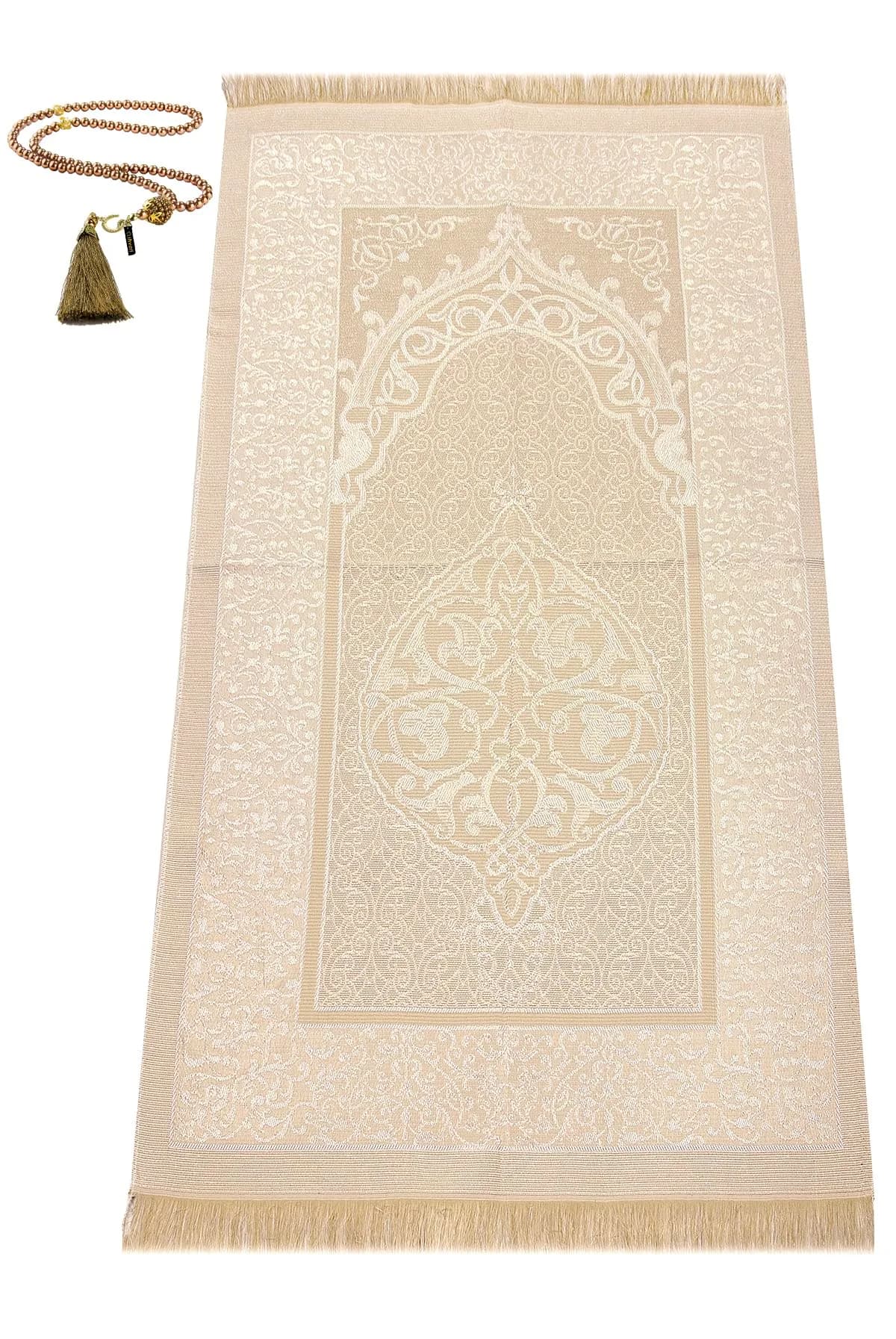 ihvan online Muslim Prayer Rug and Prayer Beads Set, Taffeta Fabric, Cream, 117cm x 71cm (46" x 28") - view 2