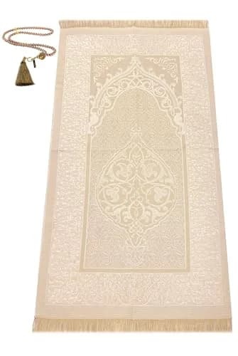 ihvan online Muslim Prayer Rug and Prayer Beads Set, Taffeta Fabric, Cream, 117cm x 71cm (46" x 28") thumbnail 2