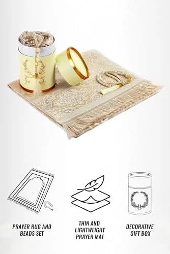 ihvan online Muslim Prayer Rug and Prayer Beads Set, Taffeta Fabric, Cream, 117cm x 71cm (46" x 28") thumbnail 3