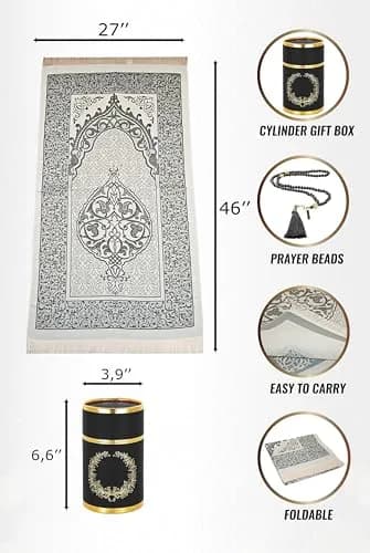 ihvan online Muslim Prayer Rug and Prayer Beads | Soft Taffeta Fabric, Portable, Elegant Design, Black | 117cm x 71cm thumbnail 6