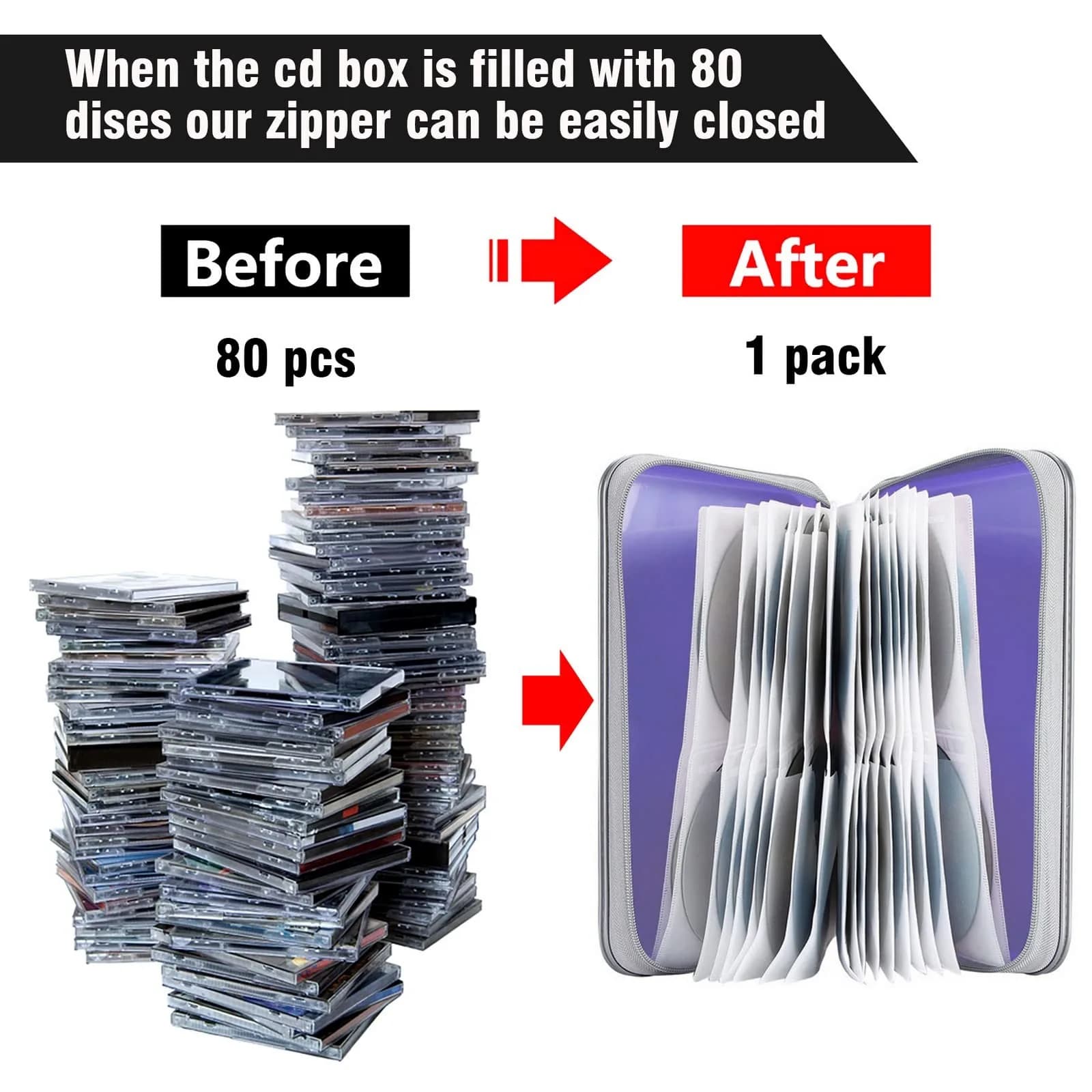 Siveit Lavender 80 Capacity CD/DVD Case Holder | Hard Plastic Disc Wallet with Zipper - view 4