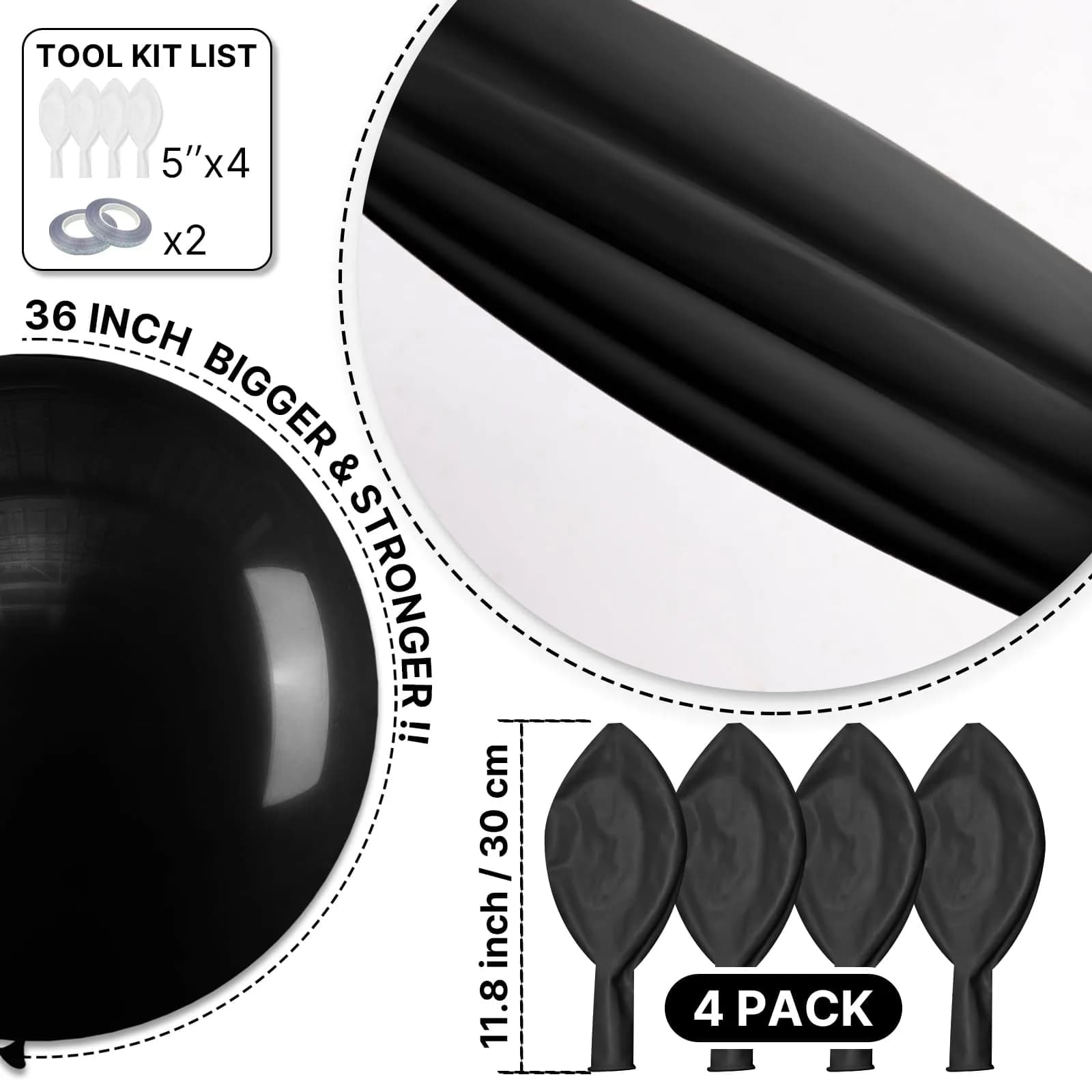 PartyWoo Black Balloons 36 Inch (91.44 cm) Matte Latex Helium Balloons, 4 Count | Assorted Colors Balloon - view 6