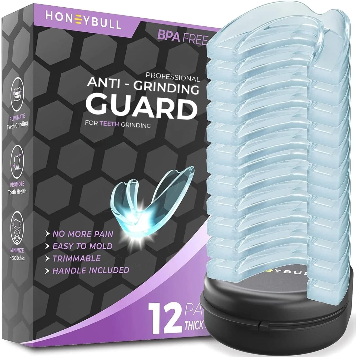 HONEYBULL Thick Anti Grinding Night Guards with Storage Case | Custom Moldable Boil-and-Bite Dental Protection - main product image