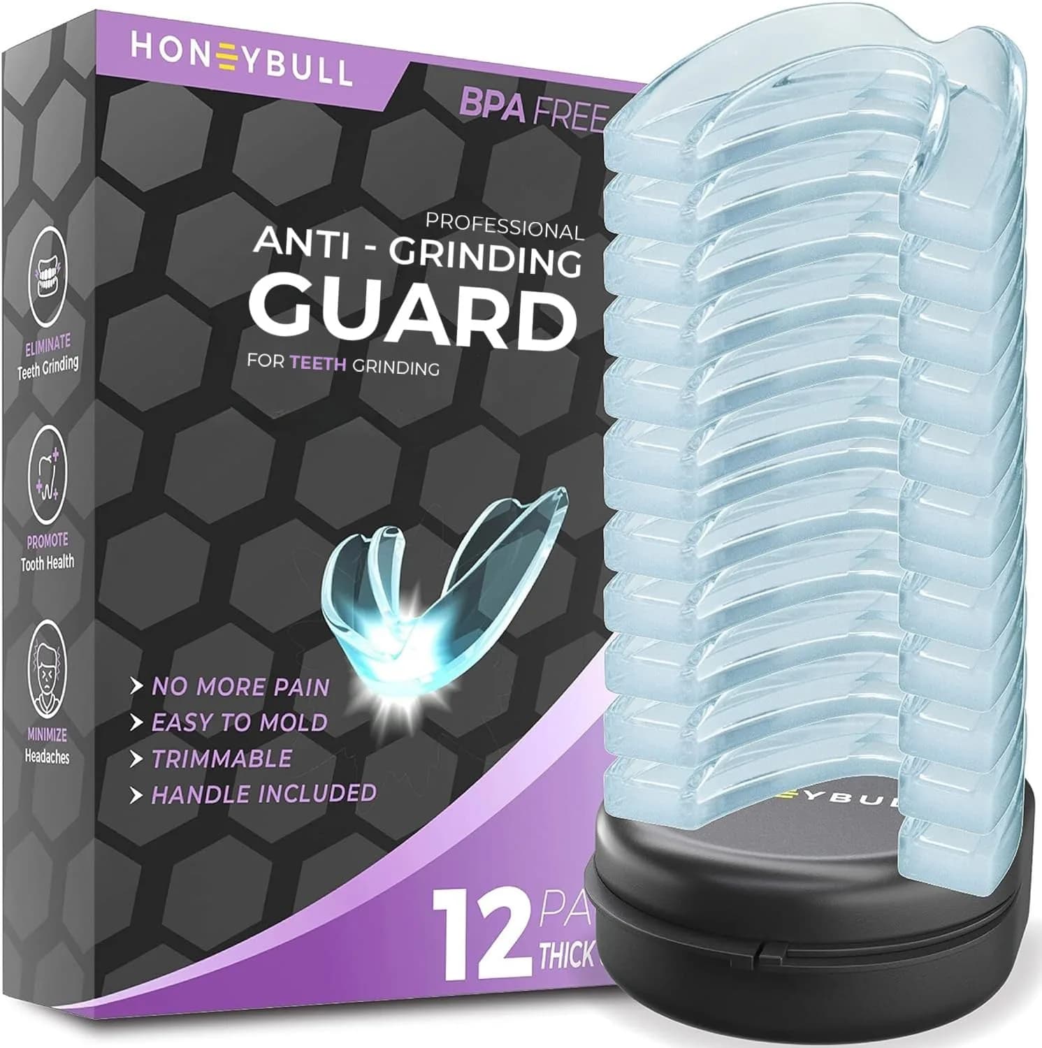 HONEYBULL Thick Anti Grinding Night Guards with Storage Case | Custom Moldable Boil-and-Bite Dental Protection - main product image