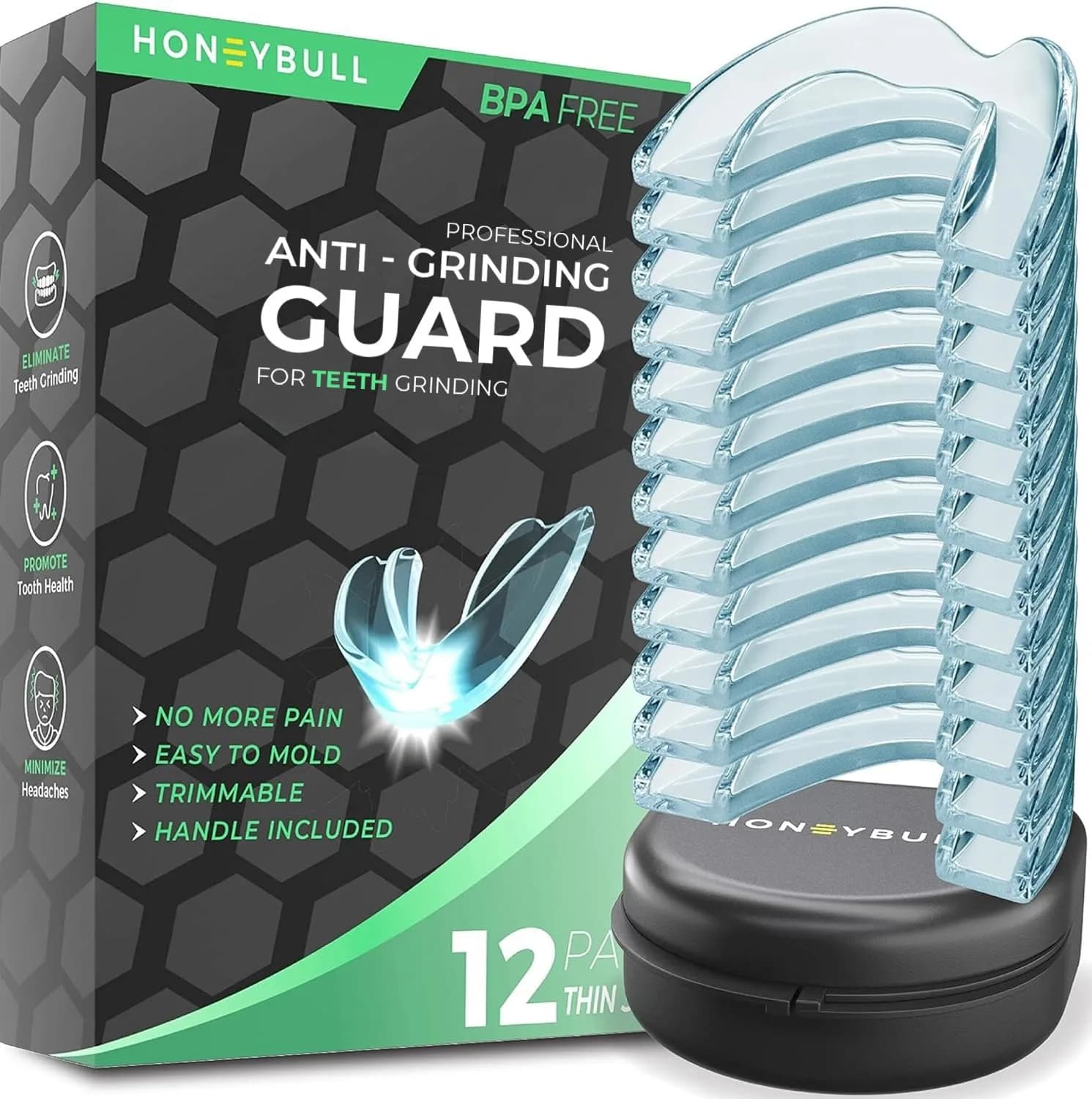 HONEYBULL Custom Moldable Night Guards 12 Pack Thin | Boil and Bite for Teeth Grinding Protection - main product image