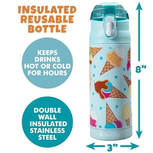 Bentology Stainless Steel Insulated Water Bottle 13 Oz (385ml) | Kids Ice Cream Theme Spill-Proof Lid thumbnail 3