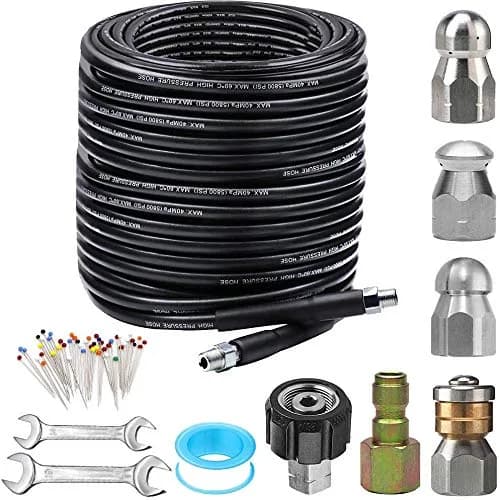 ZOFINE Sewer Jetter Kit for Pressure Washer 150FT 5800PSI with 6 Nozzles & Fittings | Clears Blockages Fast — 150FT