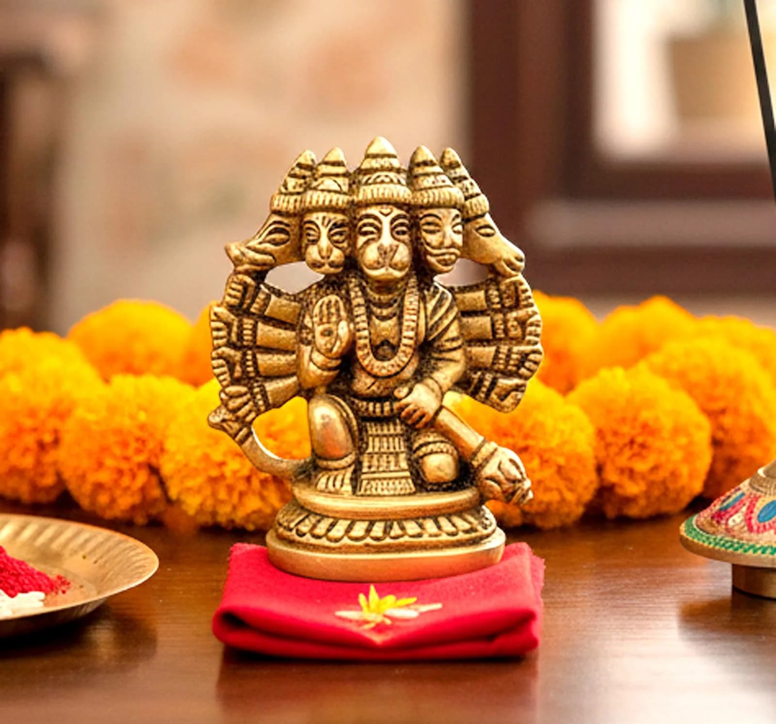 eSplanade Brass Panchmukhi Hanuman Idol Statue 6.5 cm (2.5 Inch) | Handmade Religious Sculpture for Home & Office — Gold