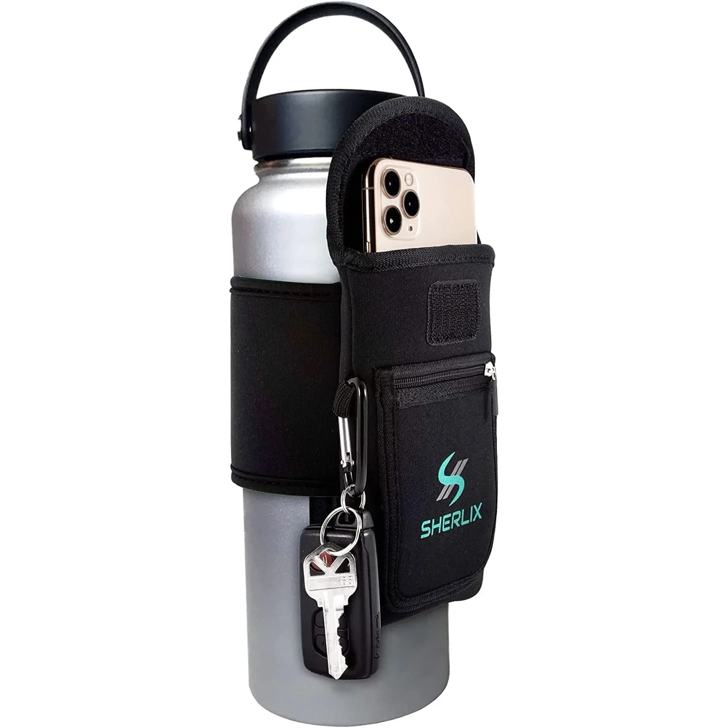 SHERLIX Universal Water Bottle Pouch with Accessory Pockets & Carabiner | Fits 18-40 oz Bottles, Black - main product image