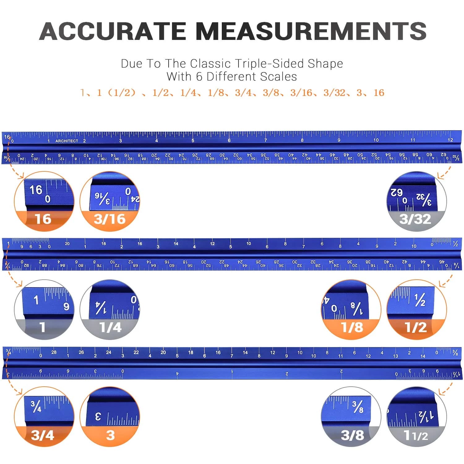 Hutou 12" Architectural Scale Ruler Aluminum Blue | Precision Drafting Tool - view 3