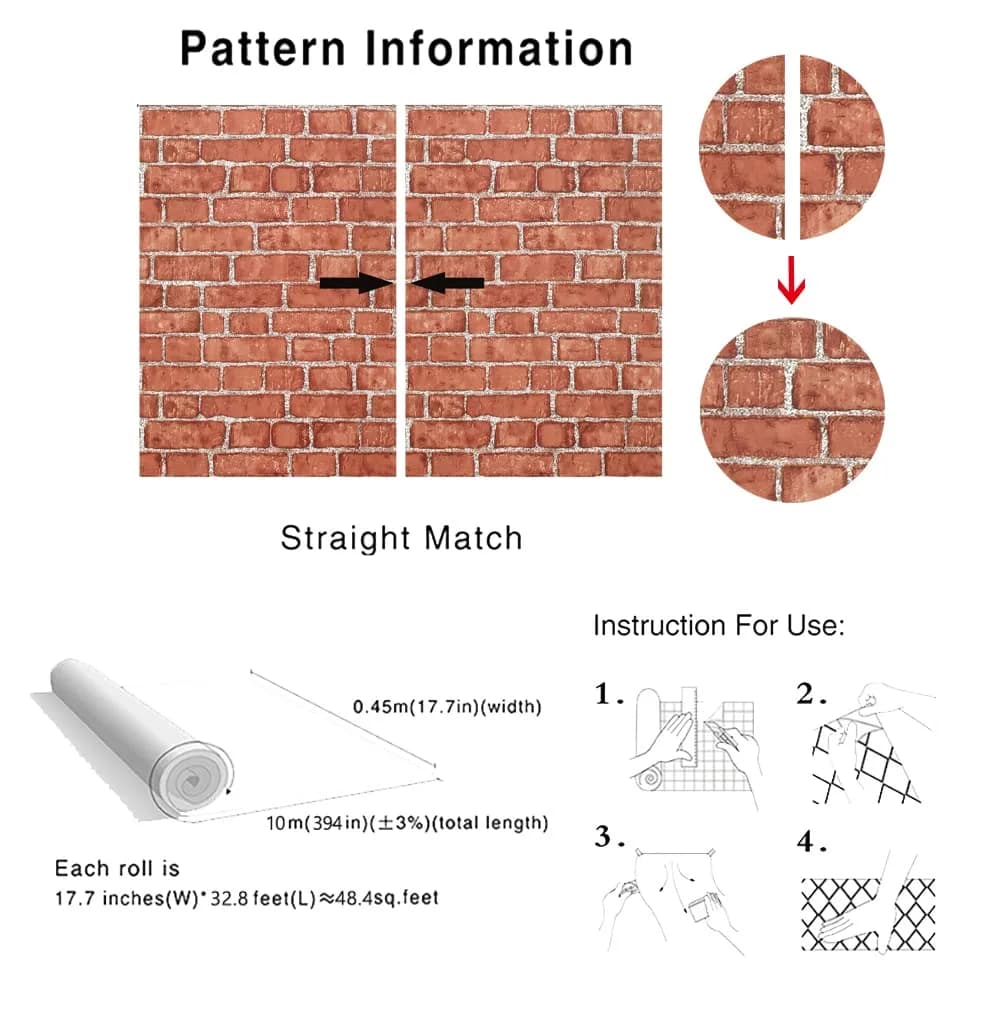 Cohoo Home Red Brick Wallpaper Peel and Stick Contact Paper 393”×17.7” | Realistic Faux Brick for Walls - view 5