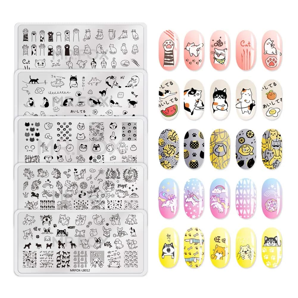 MR.FOX 5 pcs Nail Printing Board Set with Cat, Unicorn & Puppy Patterns | Reusable Stainless Steel Templates for DIY Nail Art — cat